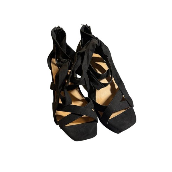 Black Suede Ankle Tie Strappy Block Heel Sandals Back Zipper Closure Size 8WW - Picture 1 of 9